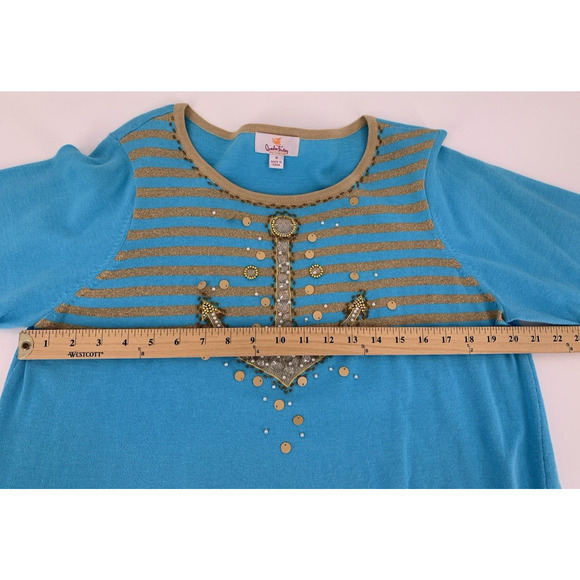 Quacker Factory Blue Gold Metallic Beaded Anchor Sweater Nautical M - Picture 7 of 10